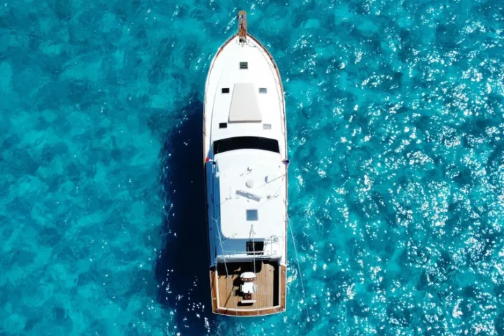 an aerial view of boat in water