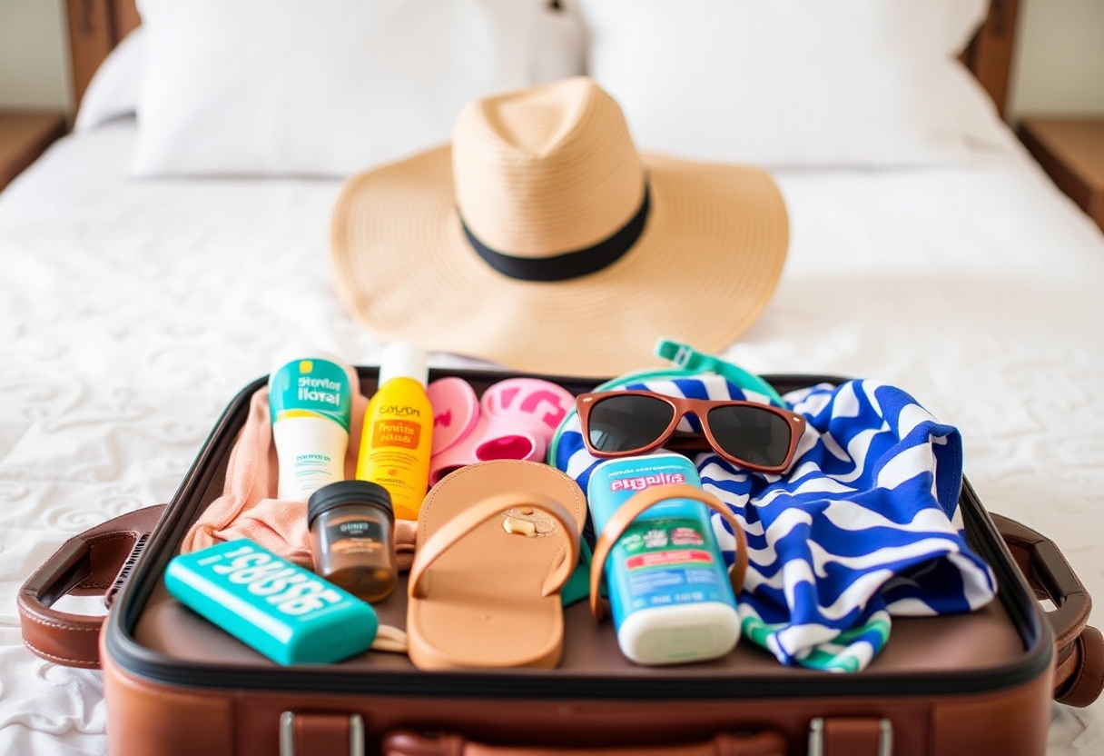 Suitcase on a bed with beach vacation items.