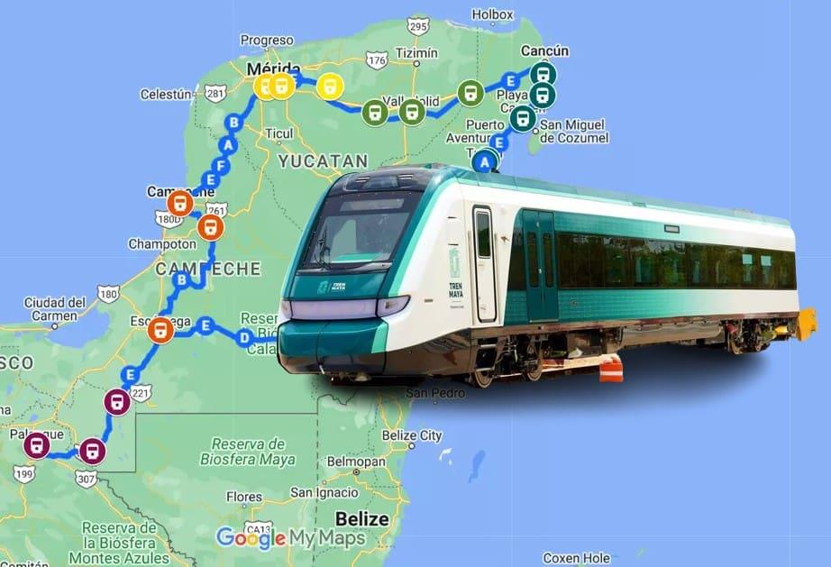 Tren Maya train with a map of its route through the Yucatán Peninsula, showing key destinations and travel connections.